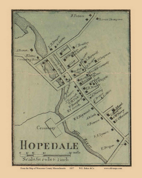Hopedale Village, Milford Massachusetts 1857 Old Town Map Custom Print - Worcester Co.