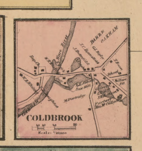 Oakham Coldbrook Massachusetts 1857 Old Town Map Custom Print - Worcester Co.