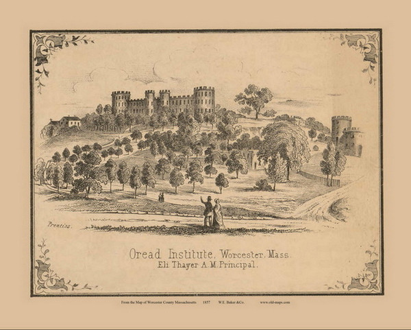Oread Institute, Worcester Massachusetts 1857 Old Town Map Custom Print - Worcester Co.