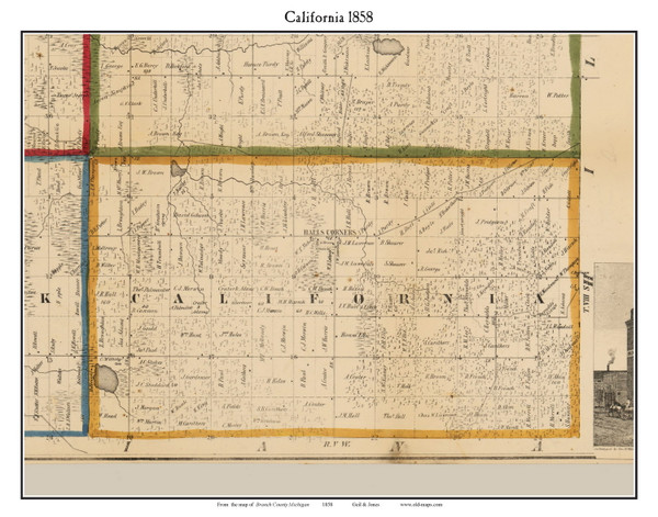 California, Michigan 1858 Old Town Map Custom Print - Branch Co.