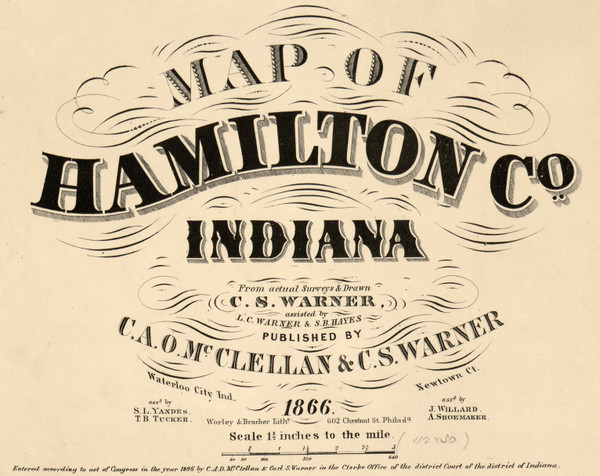 Map Cartouche, Hamilton Co. Indiana 1866 Old Town Map Custom Print