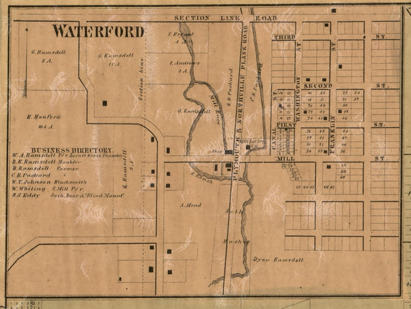 Waterford Village, Plymouth, Michigan 1860 Old Town Map Custom Print - Wayne Co.