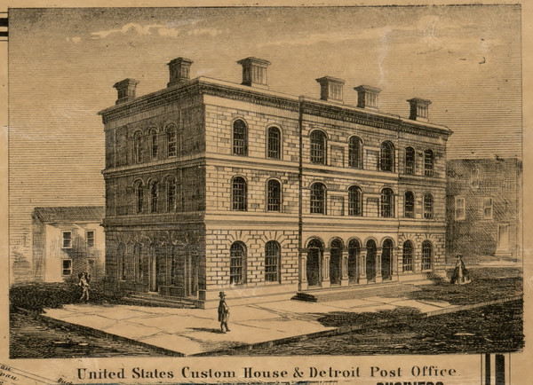 US Custom House & Post Office, Detroit Area, Michigan 1860 Old Town Map Custom Print - Wayne Co.