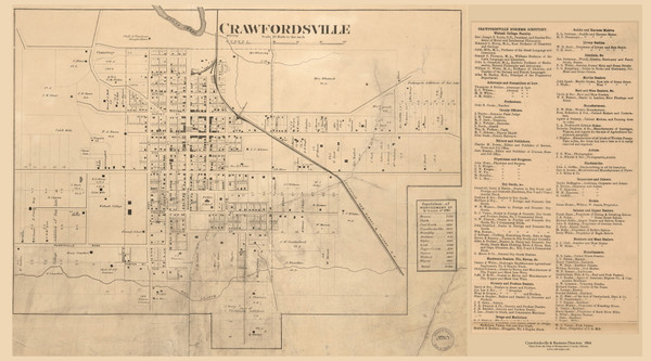 Crawfordsville Village with Business Directory, Union, Indiana 1864 Old Town Map Custom Print - Montgomery Co. Crawfordsville Village with Business Directory, Union, Indiana 1864 Old Town Map Custom Print - Montgomery Co.