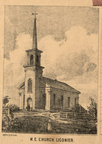 Methodist Episcopal Church, Ligonier Village, Perry, Indiana 1860 Old Town Map Custom Print - Noble Co.
