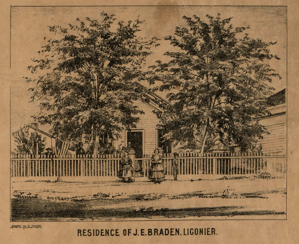 Braden Residence, Ligonier Village, Wayne, Indiana 1860 Old Town Map Custom Print - Noble Co.