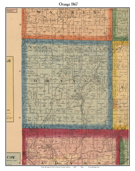 Orange, Indiana 1867 Old Town Map Custom Print  Rush Co.