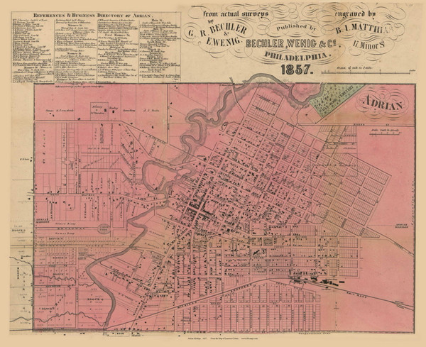Adrian Village, Adrian, Michigan 1857 Old Town Map Custom Print - Lenawee Co.