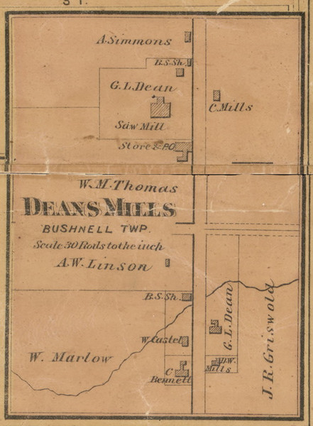 Deans Mills Village, Michigan 1875 Old Town Map Custom Print - Montcalm Co.