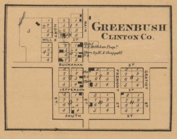 Greenbush Village, Greenbush, Michigan 1864 Old Town Map Custom Print - Clinton Co.