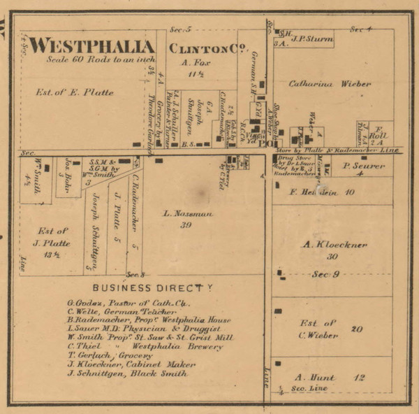 Westphalia Village, Westphalia, Michigan 1864 Old Town Map Custom Print - Clinton Co. Westphalia Village, Westphalia, Michigan 1864 Old Town Map Custom Print - Clinton Co.