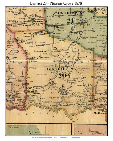 District 20 - Pleasant Grove, Bedford Co. Tennessee 1878 Old Town Map Custom Print Bedford Co.