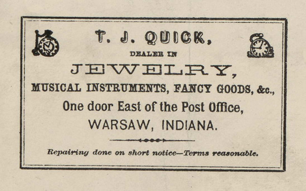 Jewelry Advertisment, Warsaw, Wayne, Indiana 1866 Old Town Map Custom Print - Kosciusko Co.