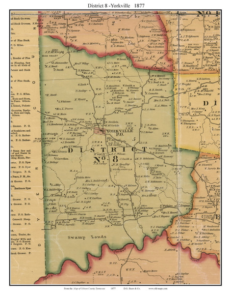 District 8 - Yorkville, Tennessee 1877 Old Town Map Custom Print Gibson Co.