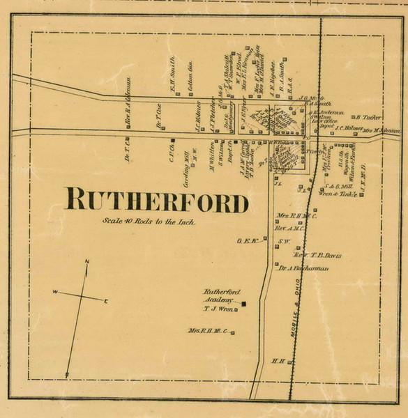 Rutherford Village, District 9, Tennessee 1877 Old Town Map Custom Print Gibson Co.