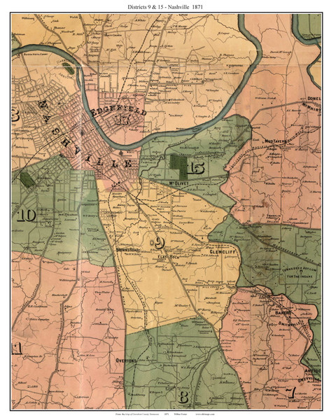 Districts 9 & 15 and Nashville, Tennessee 1871 Old Town Map Custom Print Davidson Co.