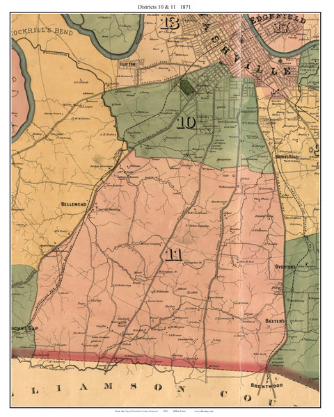 Districts 10 & 11, Tennessee 1871 Old Town Map Custom Print Davidson Co.