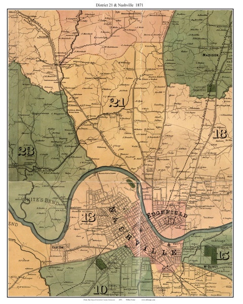 District 21 and Nashville, Tennessee 1871 Old Town Map Custom Print Davidson Co.