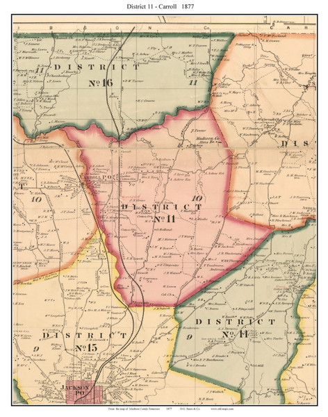 District 11 - Carroll, Tennessee 1877 Old Town Map Custom Print Madison Co.