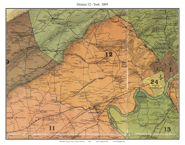 District 12 - York, Tennessee 1895 Old Town Map Custom Print Knox Co.