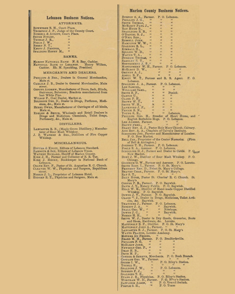 Business Notices, Lebanon & Marion County, Kentucky 1877 -