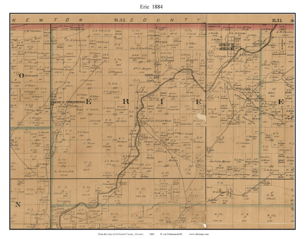 Erie - Indian Springs - Medical Twin Springs, Missouri 1884 Old Town Map Custom Print McDonald Co.