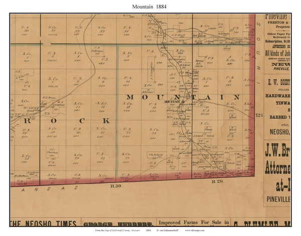 Mountain, Missouri 1884 Old Town Map Custom Print McDonald Co. Mountain, Missouri 1884 Old Town Map Custom Print McDonald Co.