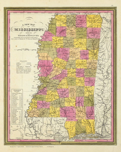 Mississippi 1846 Mitchell - Old State Map Reprint