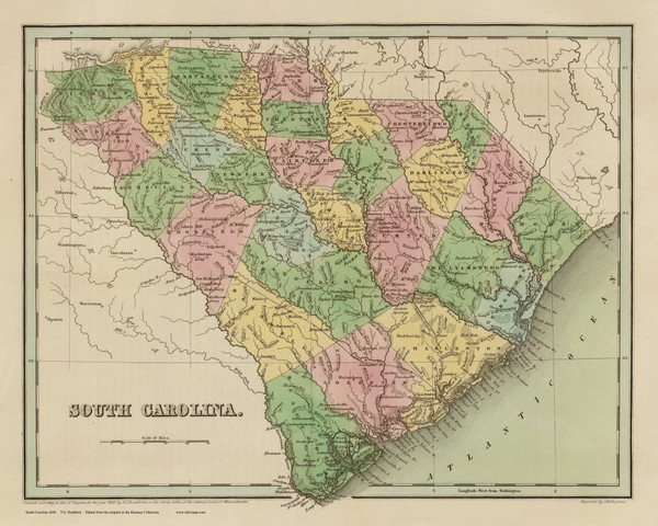 South Carolina 1838 Bradford - Old State Map Reprint