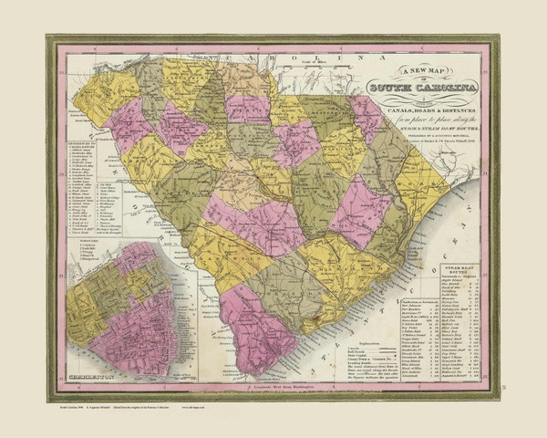 South Carolina 1846 Mitchell - Old State Map Reprint