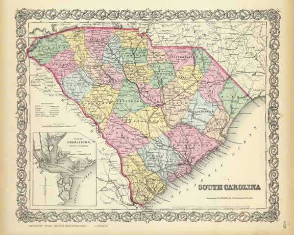 South Carolina 1856 Colton - Old State Map Reprint