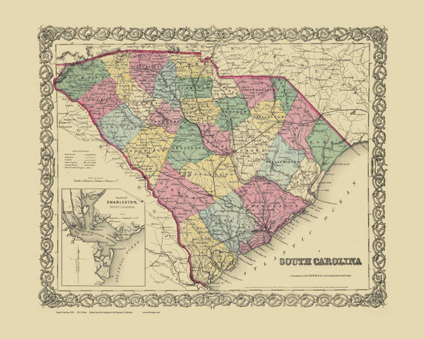 South Carolina 1856 Colton - Old State Map Reprint