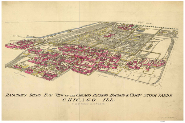 Chicago, Illinois 1890 Bird's Eye View - Rascher's View of the Chicago Packing Houses and Stockyards