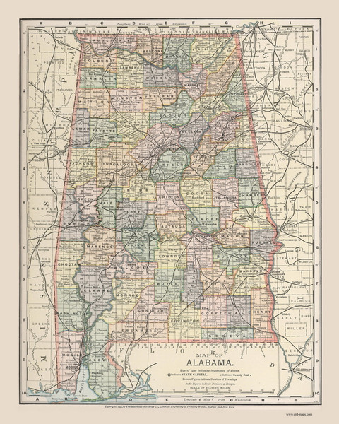 Alabama 1891 Matthews-Northrup Co. - Old State Map Reprint