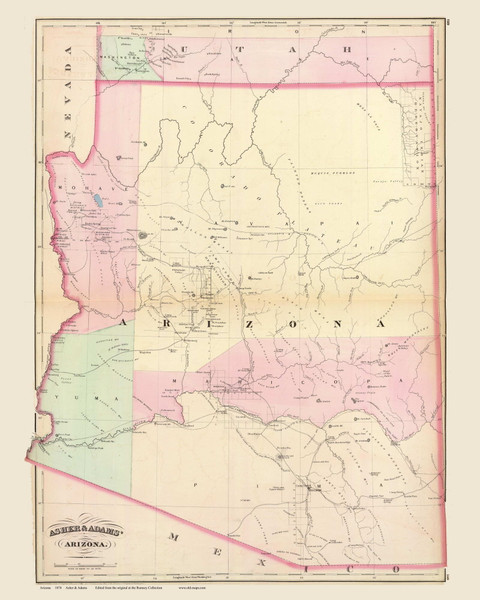Arizona 1874 Asher & Adams - Old State Map Reprint