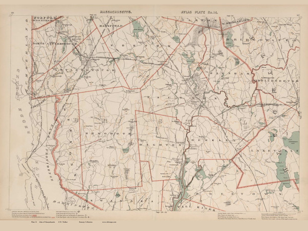 Attleboro, Rehoboth, Taunton, & Berkley Area, Massachusetts 1891 Old Town Map Reprint - Walker State Atlas Plate 14