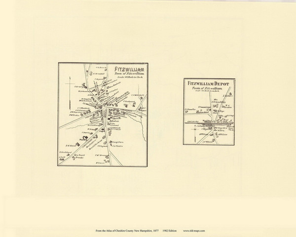 Fitzwilliam and Fitzwilliam Depot, New Hampshire 1877 Old Town Map Reprint - Cheshire Co.