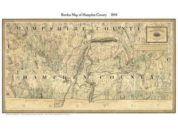 Hampden County Massachusetts 1844 - Old Map Custom Print - Borden MA Counties Other