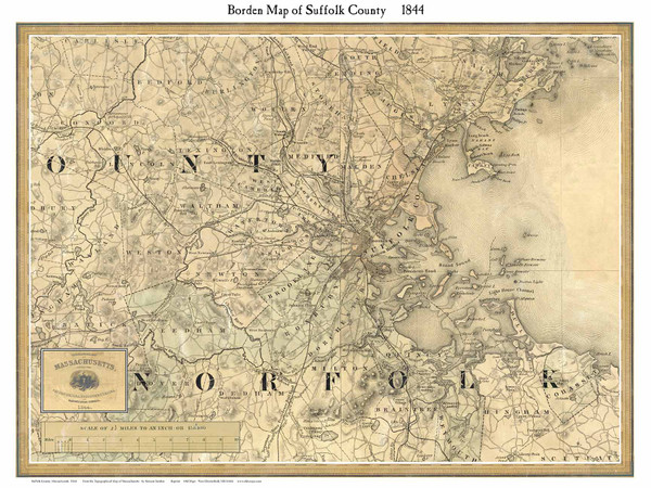Suffolk County Massachusetts 1844 - Old Map Custom Print - Borden MA Counties Other