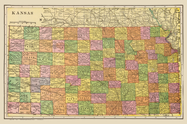 Kansas 1909 Cram - Old State Map Reprint Kansas 1909 Cram - Old State Map Reprint