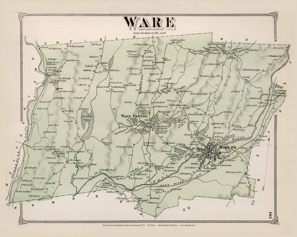 Ware, Massachusetts 1873 Old Town Map Reprint - Hampshire Co.