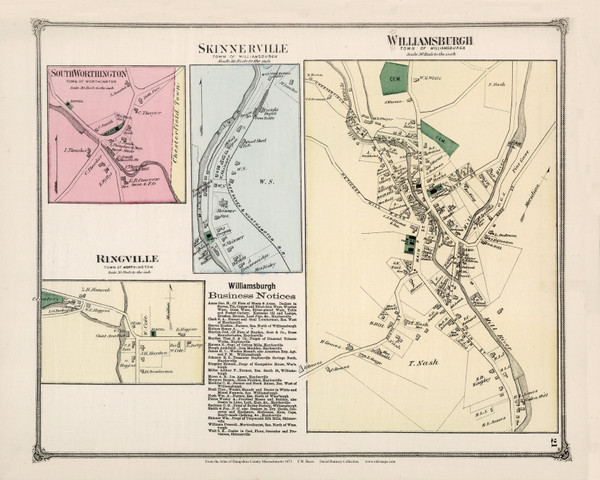Williamsburgh, Skinnerville, South Worthington and Ringville Villages, Massachusetts 1873 Old Town Map Reprint - Hampshire Co. Williamsburgh, Skinnerville, South Worthington and Ringville Villages, Massachusetts 1873 Old Town Map Reprint - Hampshire Co.
