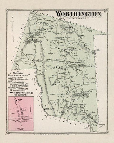 Worthington, Massachusetts 1873 Old Town Map Reprint - Hampshire Co.