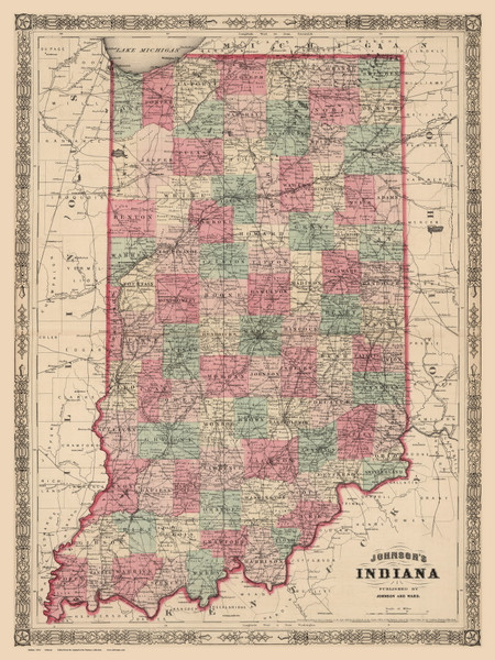Indiana 1864 Johnson - Old State Map Reprint