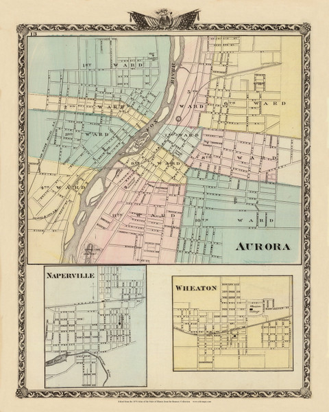 Aurora, Napierville & Wheaton Cities, 1876 Illinois - Old Map Reprint - Warner & Beers Illinois State Atlas