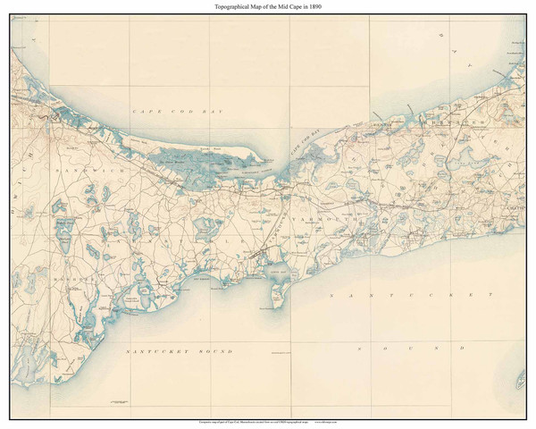 The Mid Cape - Cape Cod 1890 - Custom USGS Old Topo Map - Massachusetts - Cape Cod Regions - Barnstable, Yarmouth, Dennis, Brewster, Harwich