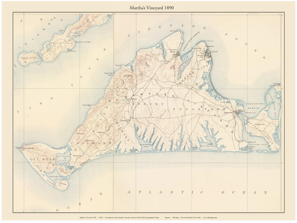 Martha's Vineyard 1890 - Custom USGS Old Topo Map - Massachusetts