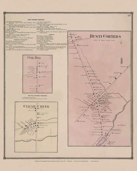 Villages of Busti Corners, Oak Hill, and Clear Creek, New York 1867 - Old Town Map Reprint - Chautauqua Co. Atlas 11
