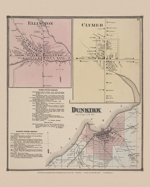 Town of Dunkirk and Ellington and Clymer Villages, New York 1867 - Old Town Map Reprint - Chautauqua Co. Atlas 20