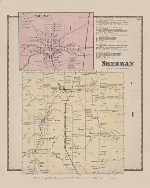 Town of Sherman and Sherman Village, New York 1867 - Old Town Map Reprint - Chautauqua Co. Atlas 43